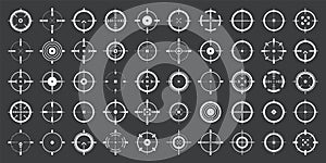 Crosshair, gun sight vector icons. Bullseye, target or aim symbol. Military rifle scope, shooting mark sign. Targeting