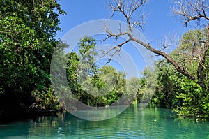 Crossing the Acheron river, on board on a traditional boat, beautiful natural environment, near Parga, Epirus - Greece