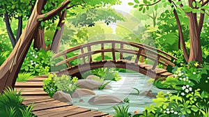 Crossing a forest river with a wooden bridge. Modern background of green trees, a trail, and a wood bridge above a brook