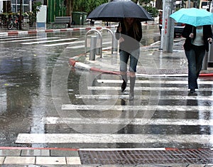 Crossing the road on a rainy day