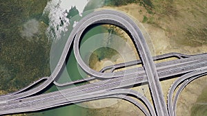 Crossing roads aerial view. Highway road. Expressway top view. Highway traffic. Multi-level road junction. Motorway. Top