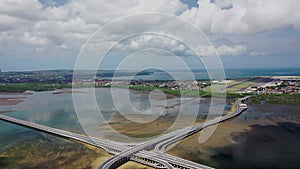 Crossing roads aerial view. Highway road. Expressway top view. Highway traffic. Multi-level road junction. Motorway. Top