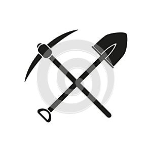 The crossing spade pickax icon. Pickax and excavation, digging, mining symbol. Flat
