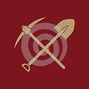 The crossing spade pickax icon. Pickax and excavation, digging, mining symbol. Flat