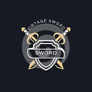 Crossing Sword vintage logo design. illustration sword element, used as logotype, icon, template coat of arms concept