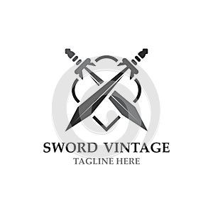 Crossing Sword vintage logo design. illustration sword element, used as logotype, icon, template coat of arms concept