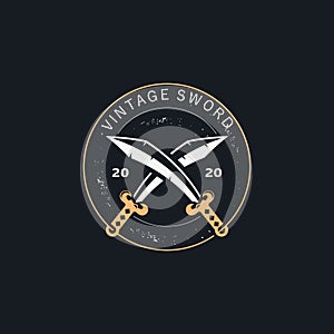 Crossing Sword vintage logo design. illustration sword element, used as logotype, icon, template coat of arms concept