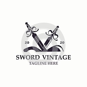 Crossing Sword vintage logo design. illustration sword element, used as logotype, icon, template coat of arms concept