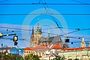 Crossing of tramlines in the city of Prague