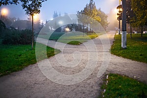 Crossing wide pedestrian sandy alleys in the park among grass and trees at dusk, in the light of night lamps. conceptual landscape