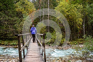 Crossing a wooden footbridge in the forest, somewhere in the Bistrice valley in the Triglav National Park