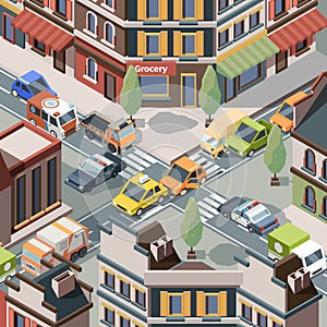 Crossroad accident. Injury trouble urban cars police crash transport on road bus traffic vector isometric