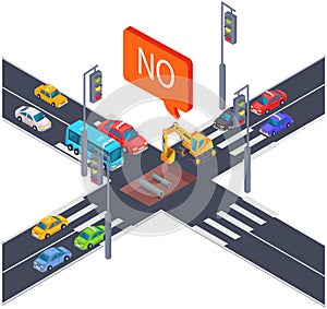 Crossroad with automobiles and crane. Intersection with closed traffic, highway with cars