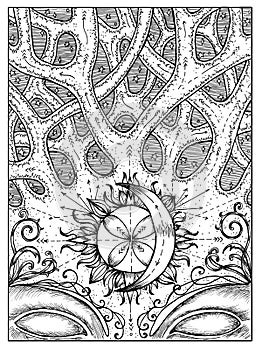 Crossroad. Black and white mystic concept for Lenormand oracle tarot card