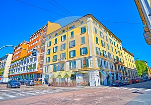 The crossroad in Brera, the historical neighborhood of Milan with nice buildigns and numerous outdoor restaurants, on April 5 in