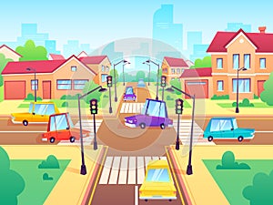 Crossroad with cars. City suburb traffic jam, street crosswalk with traffic lights and road intersection cartoon vector