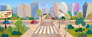 Crossroad and cityscape at big modern city cartoon panorama vector illustration concept photo