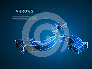 Crossroad direction three ways arrows wireframe. Low poly crossway Polygonal science Vector. Neon Low poly wireframe