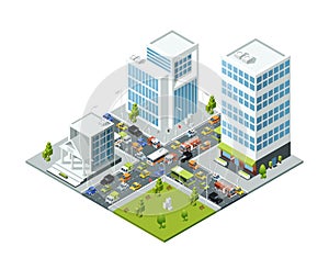 Crossroad jam traffic. Isometric urban transport active movement in jammed city vector 3d buildings busses and cars