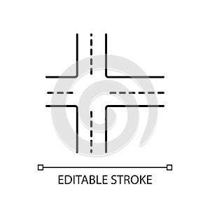 Crossroad pixel perfect linear icon. Intersection of roads. Crossing ways. Crossed motorway. Thin line customizable