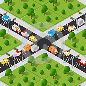 Crossroad road isometric 3D city street with cars, trees