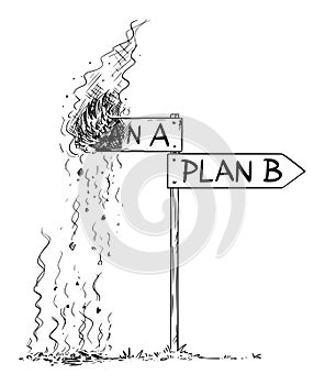 Crossroad With Road Sign, Plan A Failed, Vector Cartoon Illustration