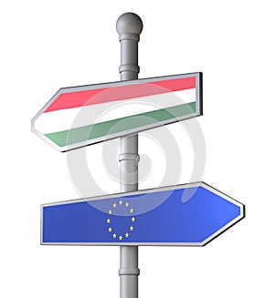 Crossroad sign with EU and Hungary flags. Isolated on white background.