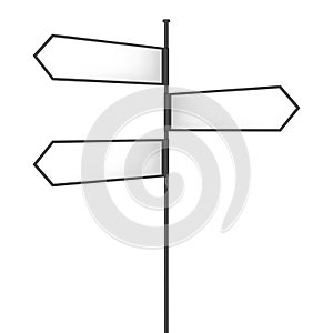 Crossroad signpost with three multidirectional white blank arrows. Vector mockup