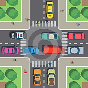 Crossroad top view. Road intersection with crosswalk, cars and people on sidewalk. Vector illustration