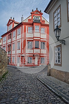 Crossroads and a beautiful autumn view of historic buildings near Prague Castle