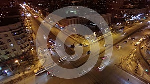 Crossroads in the city at night . Aerial shot.