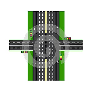 Crossroads. With the help of traffic lights. Road interchange. Lawns. View from above. illustration