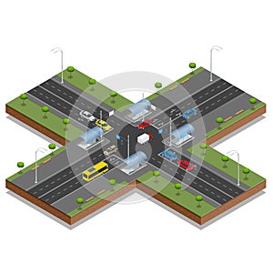 Crossroads and road markings isometric vector illustration. Transport car, urban and asphalt, traffic. Crossing Roads