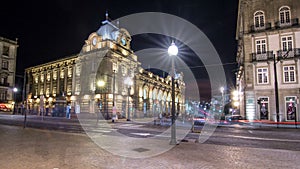 The crossroads with the Sao Bento Railway Station timelapse . The building of station is a popular tourist attraction of