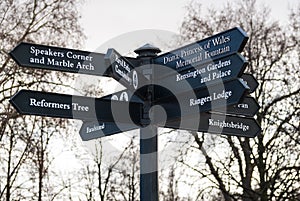 Crossroads sign in Hyde Park in London, England