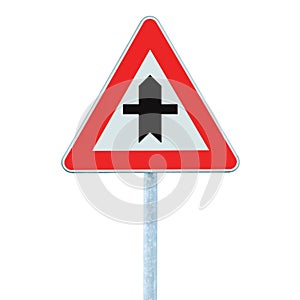 Crossroads Warning Main Road Sign With Pole Post, isolated