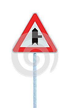 Crossroads Warning Main Road Sign Right Hand, Roadside Traffic Signage Pole Post, Large Dedaitel Isolated Closeup