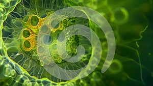 A crosssection of an algal cell revealing its internal structures including a dense and complex nucleus at the center