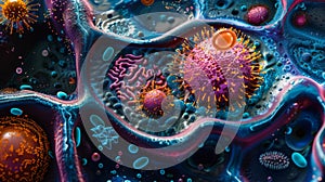 A crosssection of an animal cell highlighting the distribution of nuclei lysosomes and centrioles throughout the