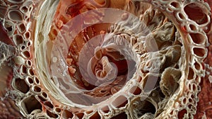 A crosssection of a cats stomach revealing the presence of a large writhing tapeworm inside. . photo