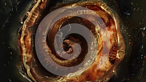 A crosssection of a cats stomach revealing the presence of a large writhing tapeworm inside. . AI generation