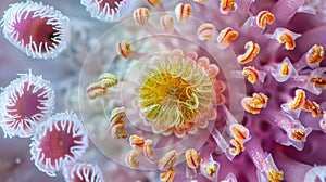 A crosssection of a flowers stigma revealing the distinct structures where pollen grains attach. .