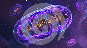 A crosssection image of a mitochondrion showcasing its double membrane structure and the presence of ries on its outer