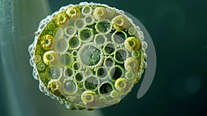 A crosssection image of a moss capsule revealing a circular array of tightly packed spore structures ready to be