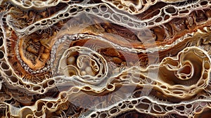 A crosssection of intestinal tissue with long wormlike s visible throughout the layers. The s are tightly coiled and