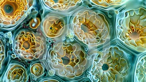 A crosssection of a pollen grain showing intricate interconnected chambers and tiny openings. . photo