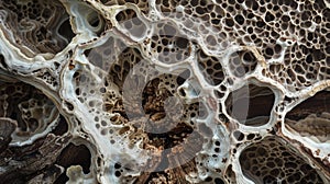 A crosssection of a tree trunk unveils the extensive network of hyphae that make up the internal mycelium connecting the photo