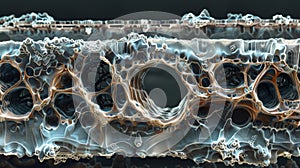 A crosssection view of a shape memory polymer bar displaying its layers and the intricate lattice structure within photo