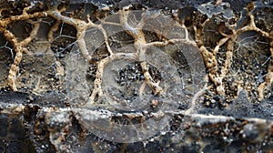 A crosssection view of the soil revealing the intricate web of mycelium connecting plant roots and decomposing organic
