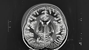 A crosssectional MRI image of the brain showing a large dark area in the left temporal lobe suggesting a possible photo